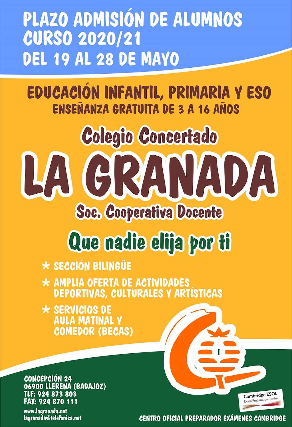 Abierto el plazo de admisión de alumnos del curso 2020/21 en La Granada