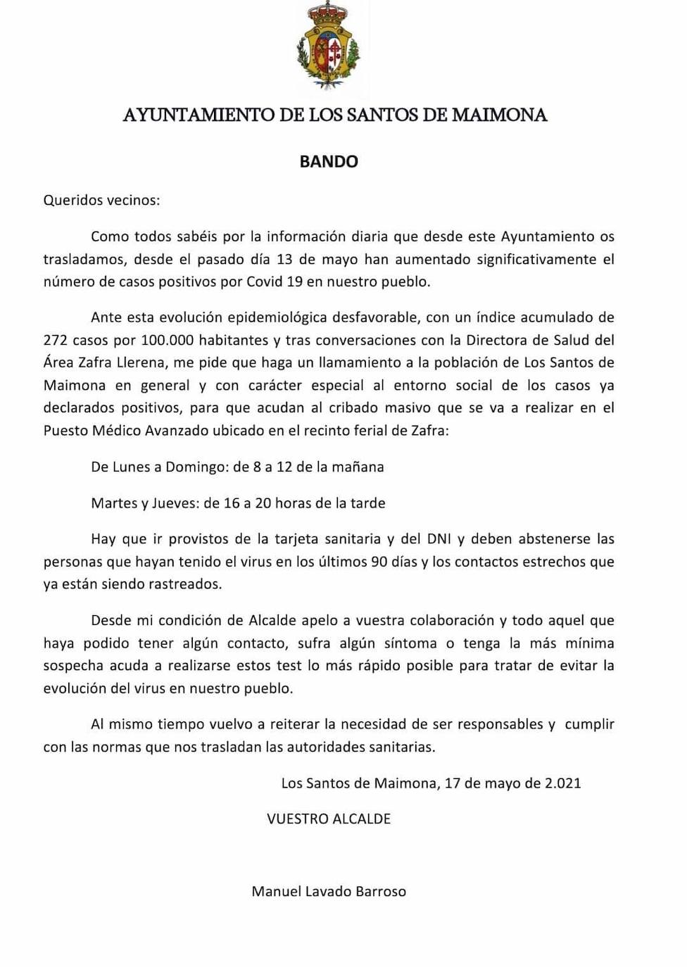 Bando del alcalde publicado hoy 