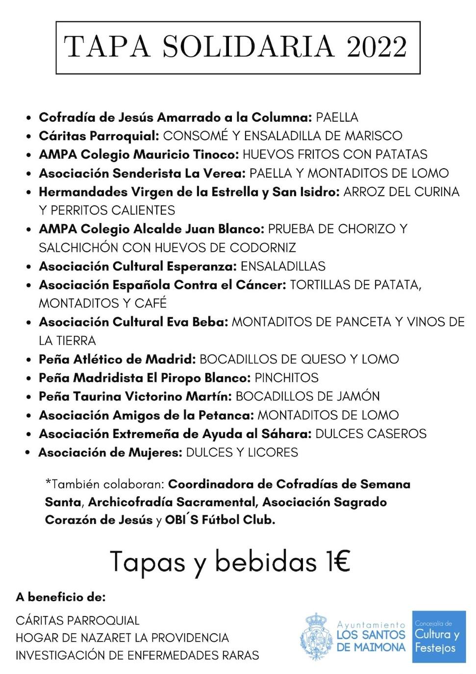 Menú de tapas de las asociaciones participantes 