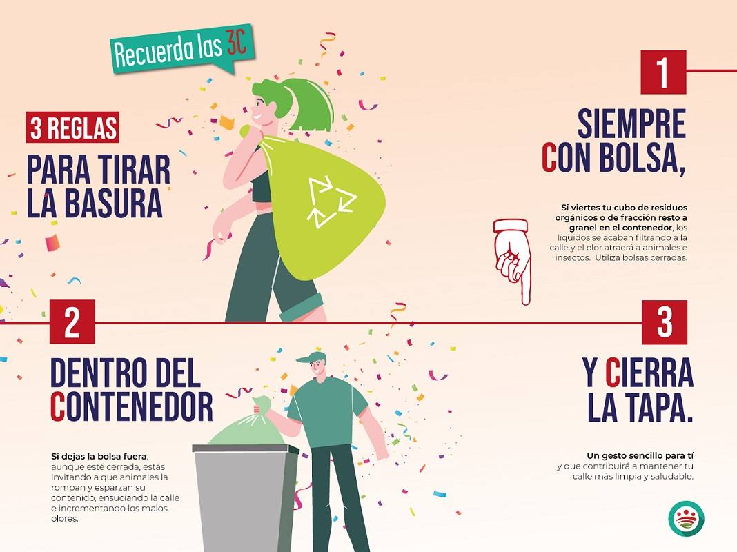 Tres reglas para depositar tus residuos: embolsados, dentro del contenedor y tapas cerradas