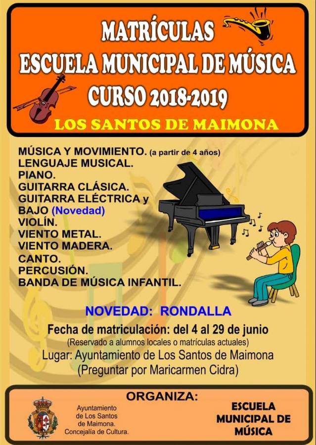 Abierto el plazo de matrícula en la Escuela Municipal de Música para el curso 2018-2019