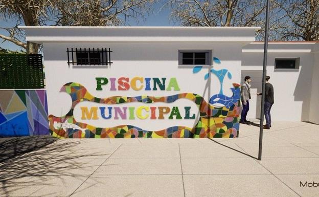 Imagen principal - Los más pequeños de la localidad dejan su huella en la nueva fachada de los vestuarios de la piscina