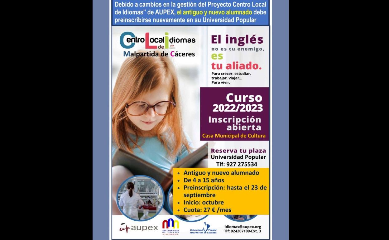 Abierto el plazo de inscripción para el Centro Local de Idiomas de Malpartida de Cáceres