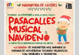 Un Pasacalles Musical Navideño recorrerá las calles de Malpartida en Nochebuena