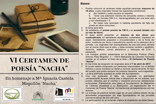 La Biblioteca Pública Mª Ignacia Castela Mogollón convoca el VI Certamen de Poesía 'Nacha'