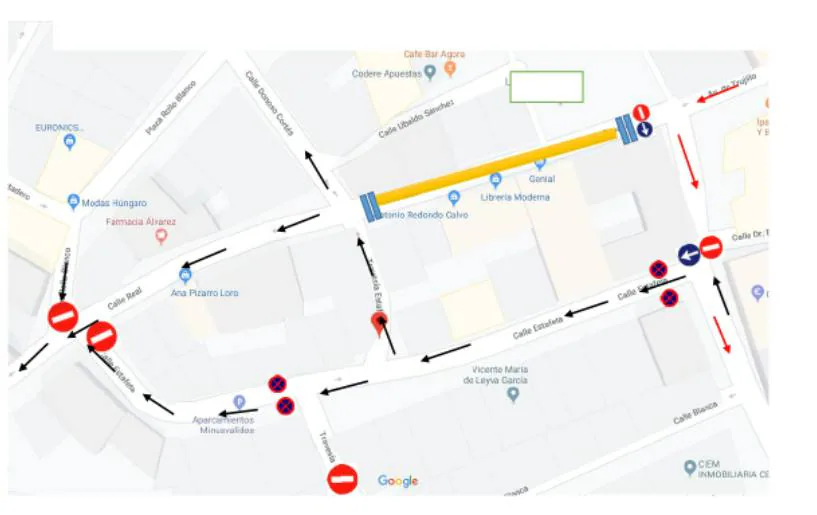 Plano de ruta alternativa por la Calle Estafeta durante la ejecución de obras.