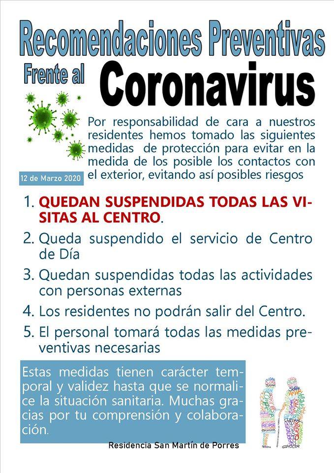 Cartel de las medidad tomadas en la residencia San Martín de Porres de Miajadas 
