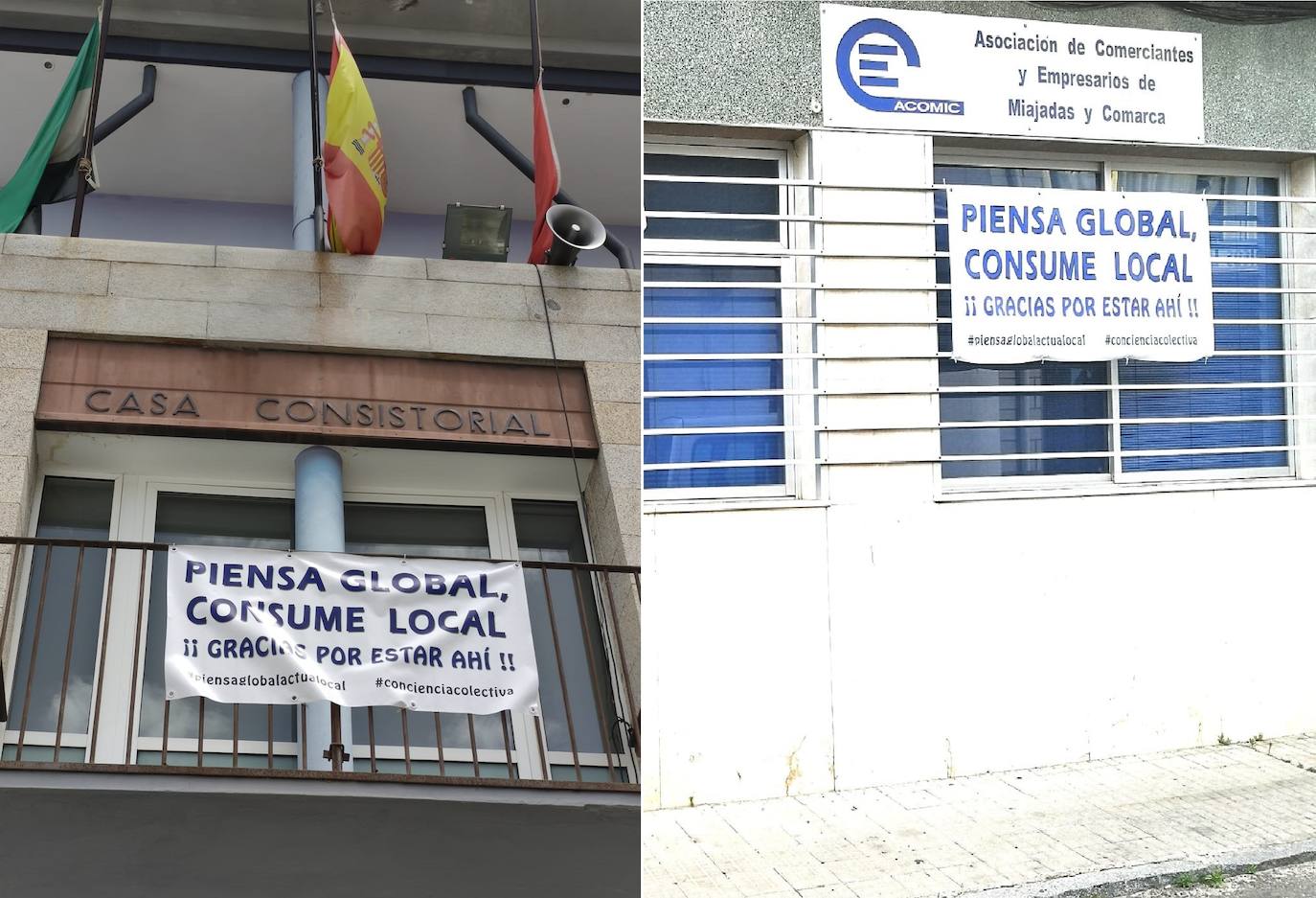 La pancarta oficial del movimiento luce en el Ayuntamiento de Miajadas y la sede de ACOMIC 