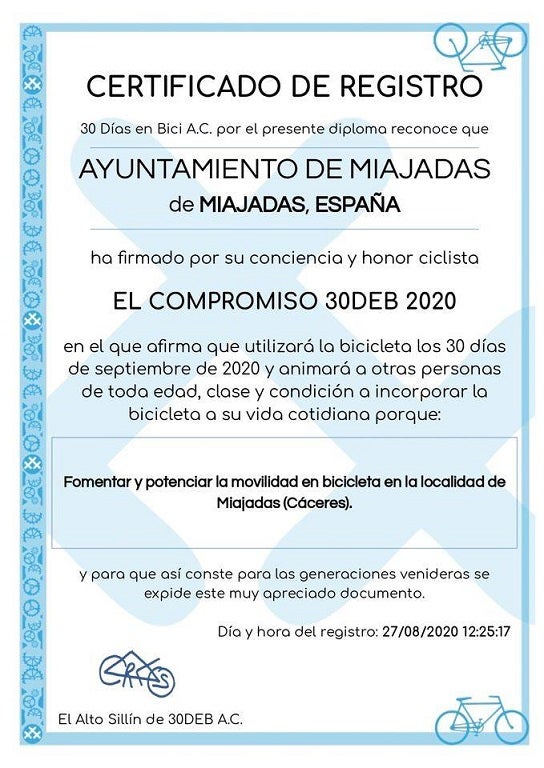 Certificado de registro del Ayuntamiento de Miajadas en la iniciativa 