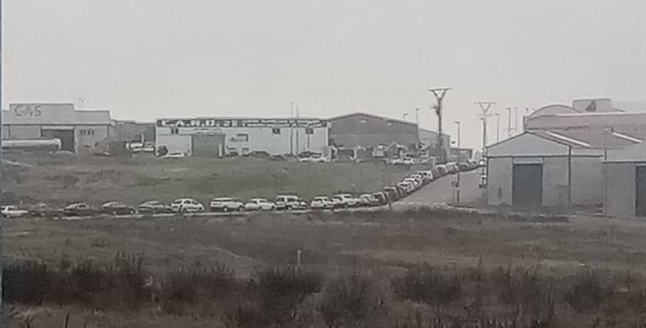 Fila de coches que esperaban esta mañana en la entrada al polígono 1º de Mayo de Miajadas 