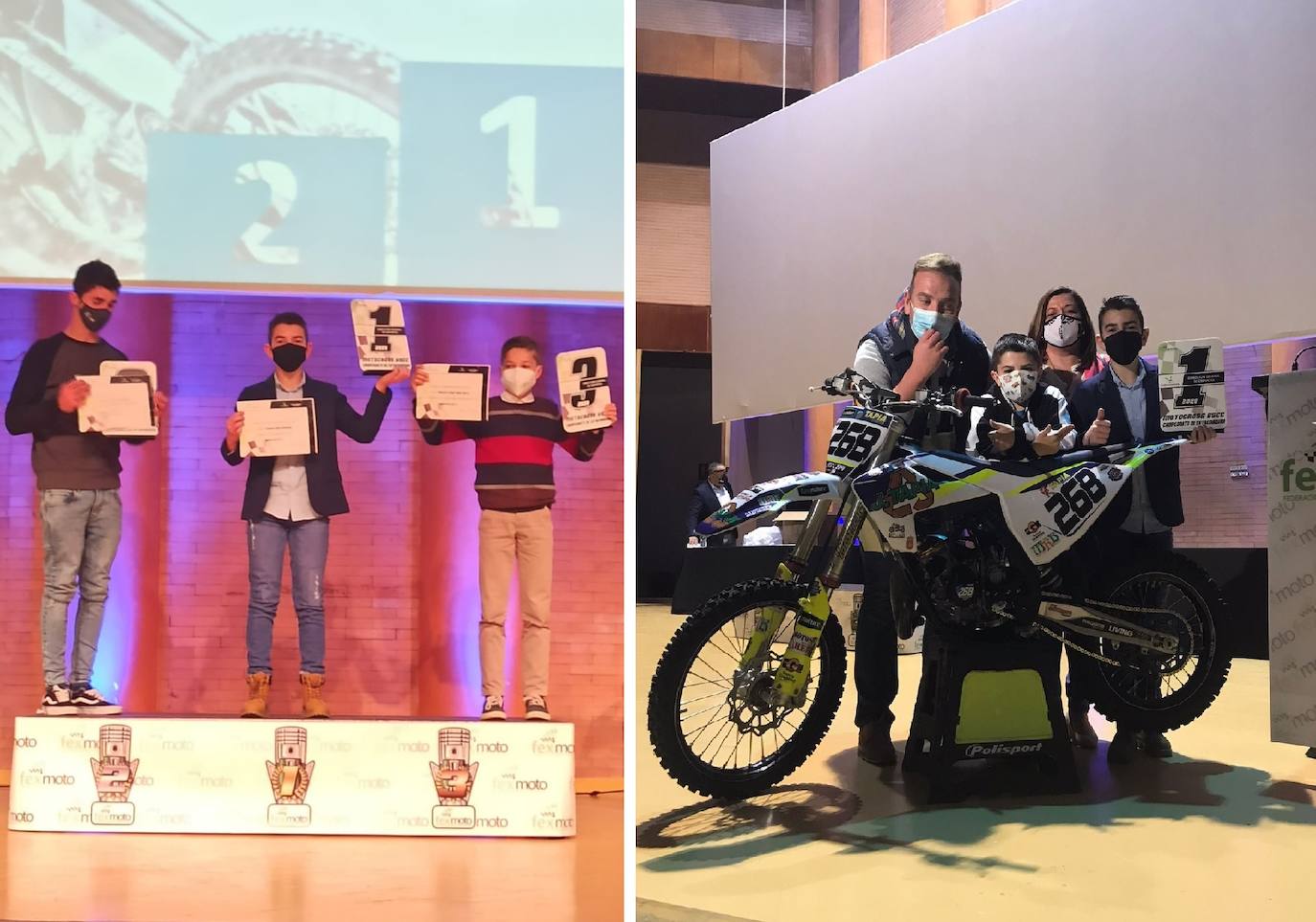 A la izquierda, José Luis Moreno, Samuel Tapia y Ángel Galán. / A la derecha, Samuel con sus padres y su hermano. 