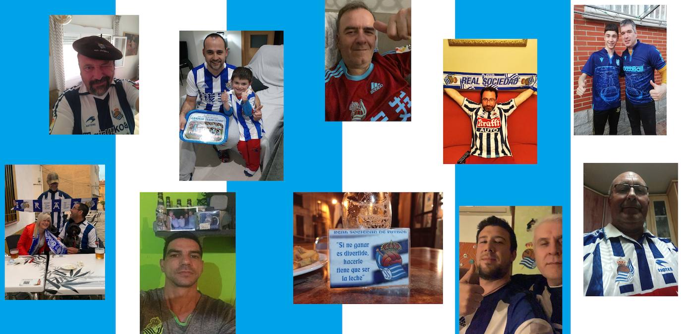 Los miajadeños de la peña 'Txuri Urdin' celebrando en sus casas la Copa del Rey ganada por su equipo 