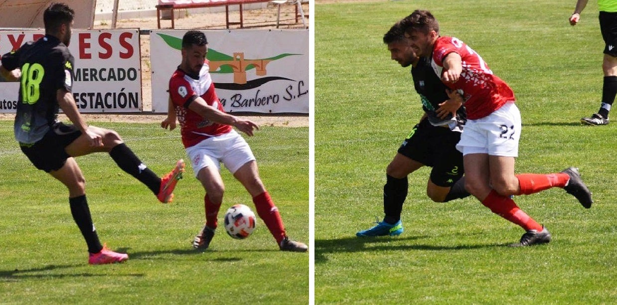 Charly (de rojo, izquierda) y Jaime Cañamero (de rojo, derecha) en el encuentro contra el Extremadura B 