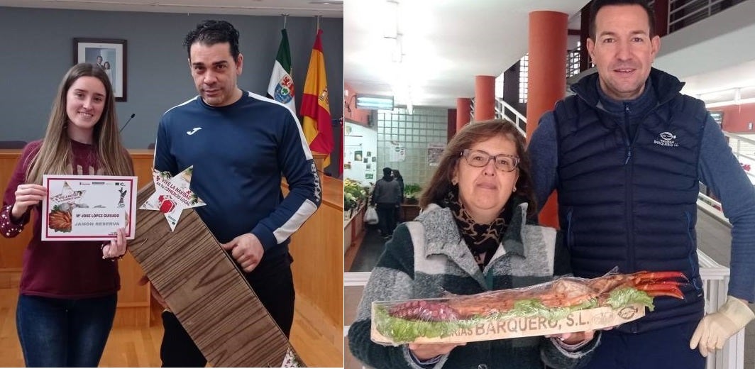 Un familiar de María José López recoge el jamón, y María José Rodríguez recoge el barco de marisco 
