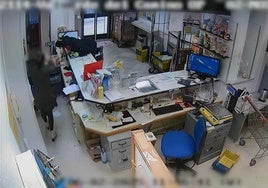 El atracador se lanza sobre el mostrador de la oficina de Correos.