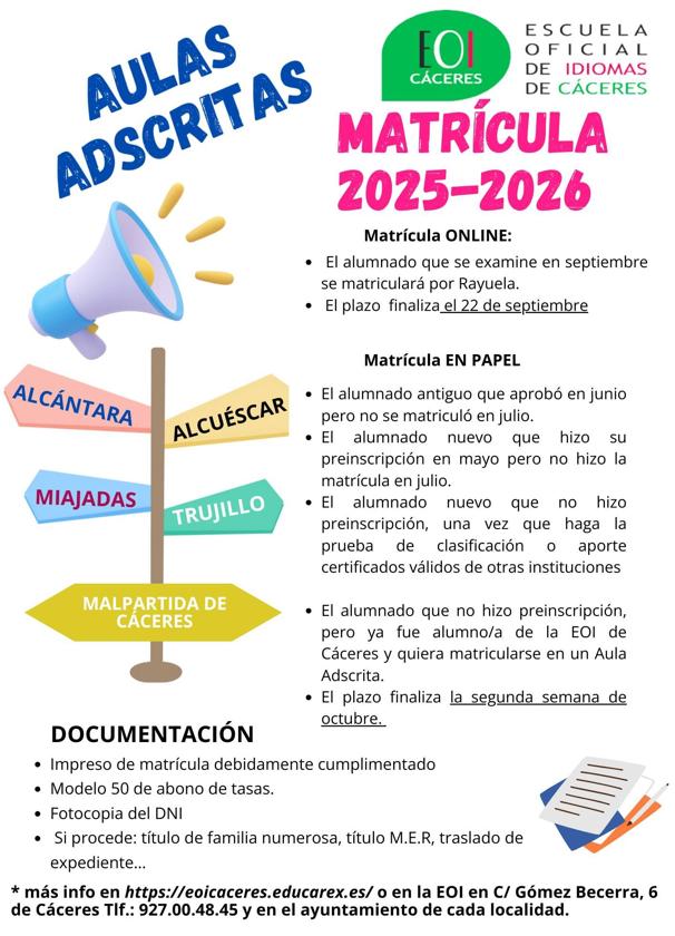 Abierto el plazo de matriculación para el aula adscrita de la EOI en Miajadas