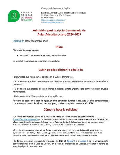 Imagen principal - Abierto el plazo de matriculación para el aula adscrita de la EOI en Miajadas