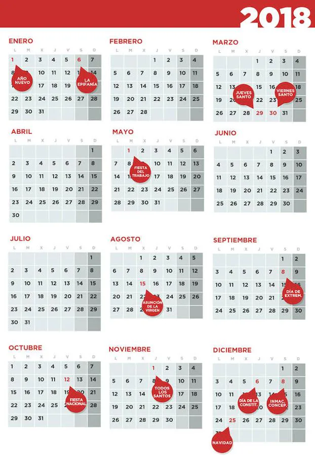 El calendario laboral de 2018 en Extremadura tiene doce días inhábiles