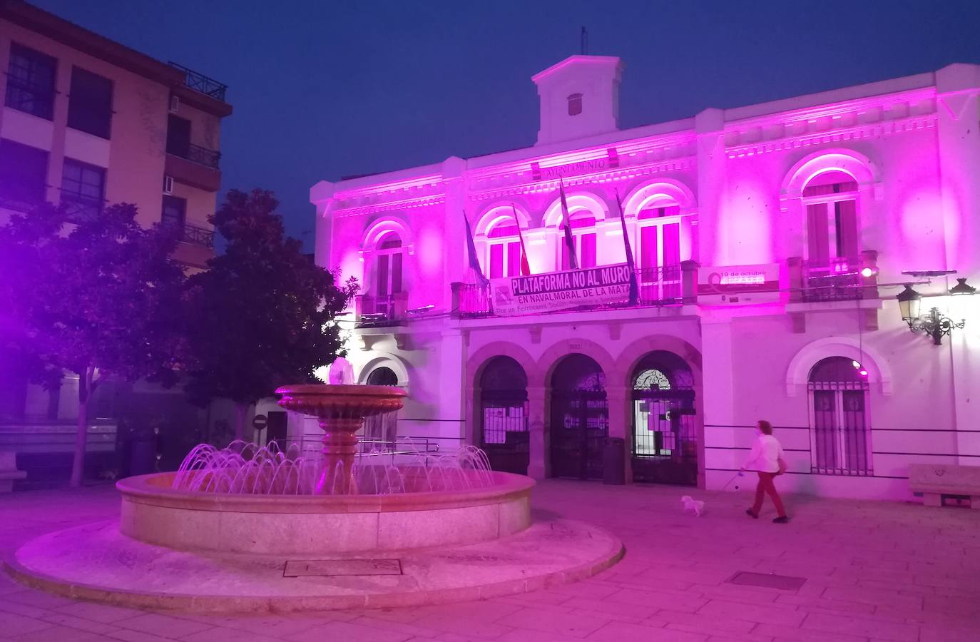 El Ayuntamiento y la fuente iluminados de rosa 