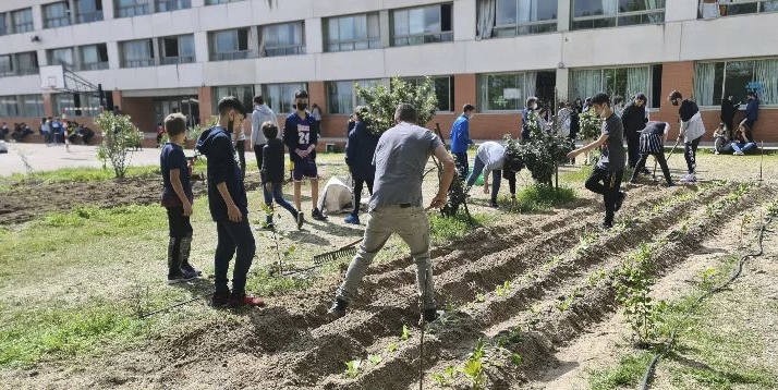 Varios alumnos, junto a su profesor, cavando el huerto