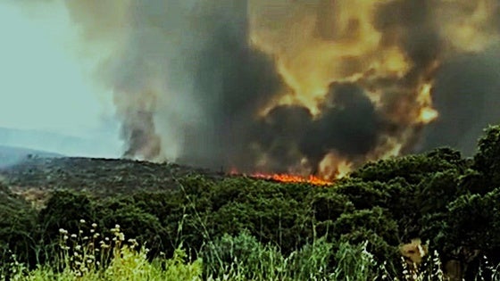 Un incendio en Valdecañas obliga a cortar una carretera y deja sin luz a la población