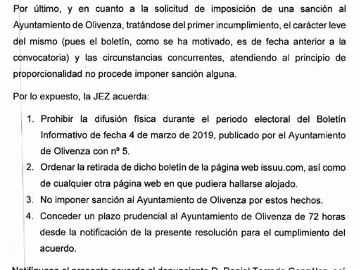 Extracto de la resolución de la Junta Electoral de Zona. 