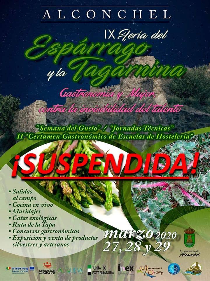 cartel de suspensión de la IX Feria del Espárrago y la Tagarnina de Alconchel 2020. 