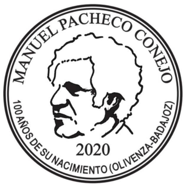 Imagen secundaria 1 - Arriba, collage sobre Pacheco del artista plástico pacense Pedro de las Heras Salas. Abajo, a la izquierda, logotipo diseñado con el retrato del poeta oliventino realizado a plumilla por el pintor Vaquero Poblador. A la derecha, busto de Pacheco, obra de Luis Martínez Giraldo, para la popular rotonda de las 'Tres Cabezas' de Badajoz. 