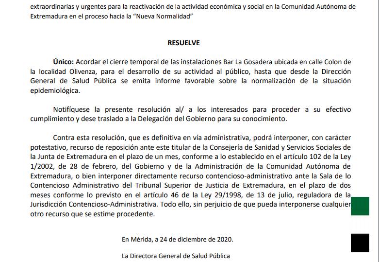 Extracto de la resolución de Salud Pública que acuerda el cierre temporal del Bar La Gosadera. 