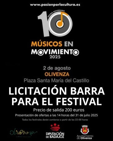 El Ayuntamiento licita una barra de bar para el Festival 'Músicos en Movimiento'
