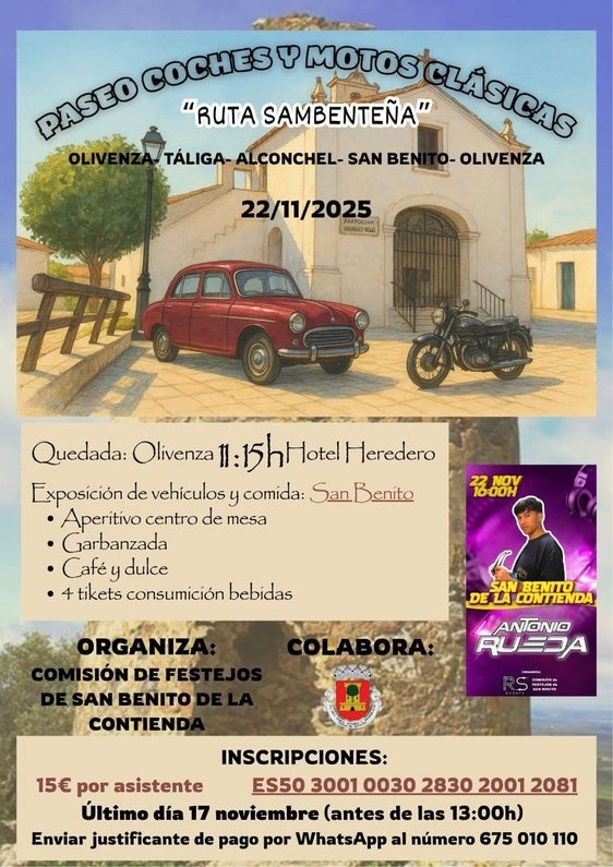 La 'Ruta Sambenteña' reunirá a coches y motos clásicas en un paseo por la Comarca de Olivenza