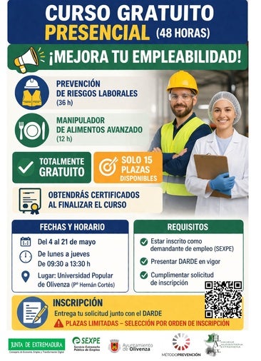 La UPO oferta un curso gratuito de manipulador de alimentos y prevención de riesgos laborales