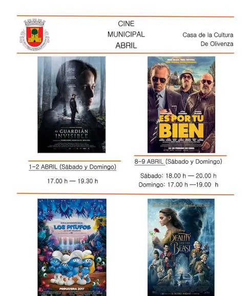 Cartelera de cine municipal de Olivenza para el mes de abril de 2017. 