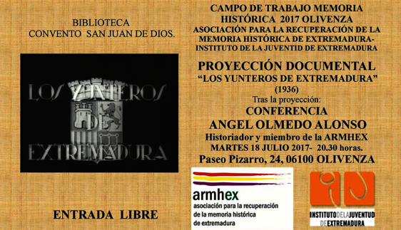 Cartel de la conferencia y proyección de 'Los Yunteros de Extremadura'. 