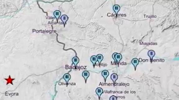 La estrella roja señala el epicentro del terremoto y los números sobre las localidades extremeñas la intensidad con la que se ha sentido. 