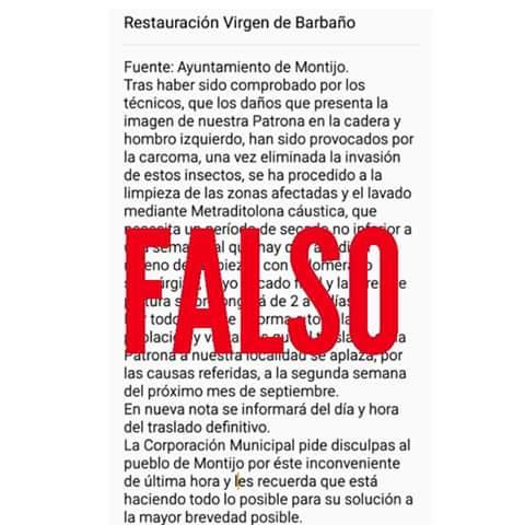 Noticia falsa sobre el traslado de la Virgen de Barbaño