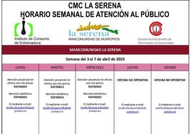 Horario semanal de Atención al público de CMC La Serena