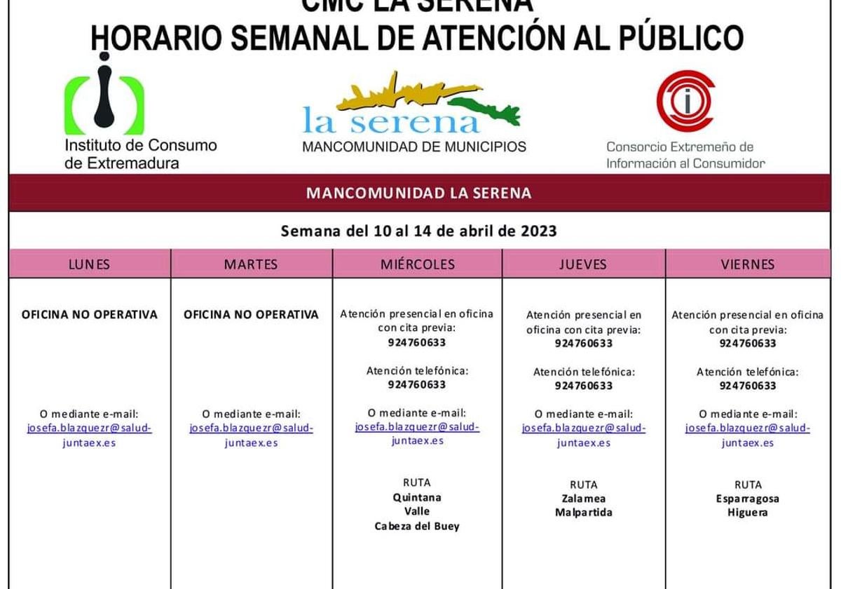 Horario semanal de Atención al público de CMC La Serena