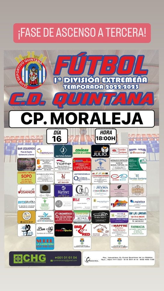 Horario confirmado para el CD Quintana - CP Moraleja
