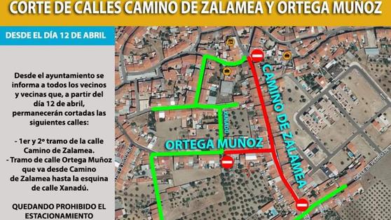 La calle Camino Zalamea y Ortega Muñoz cortada por obras