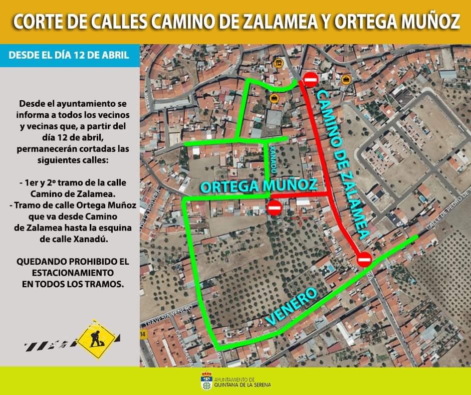 La calle Camino Zalamea y Ortega Muñoz cortada por obras