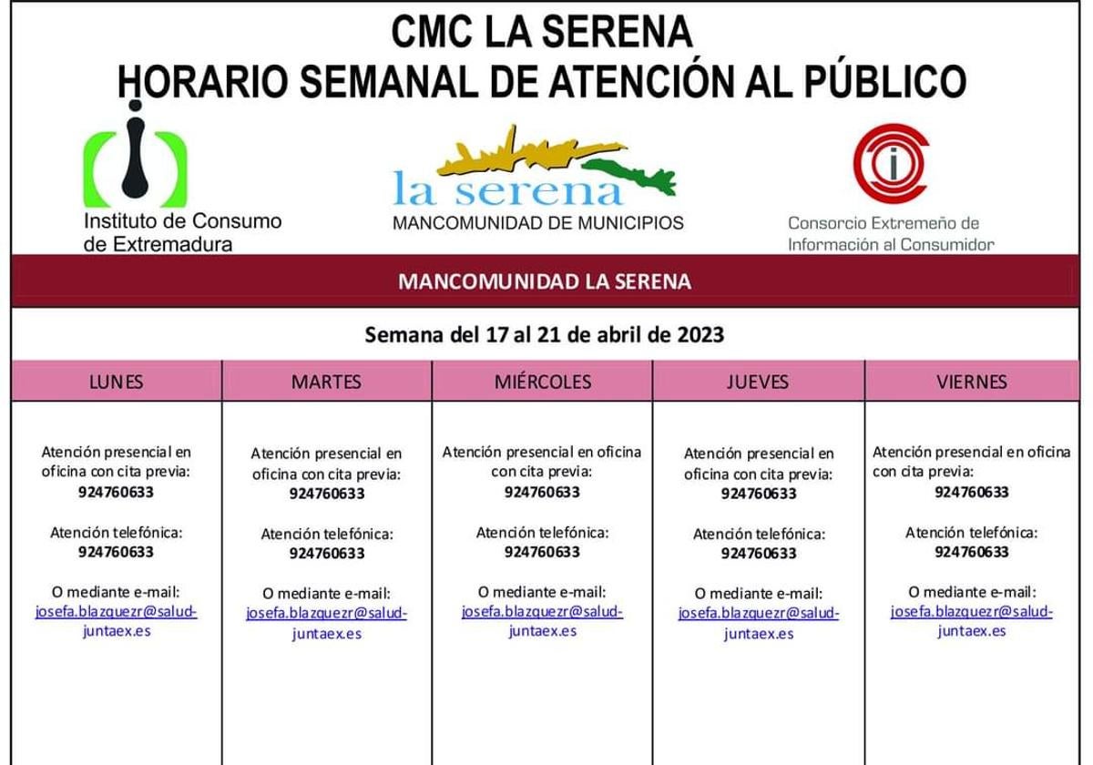 Horario semanal de Atención al público de CMC La Serena
