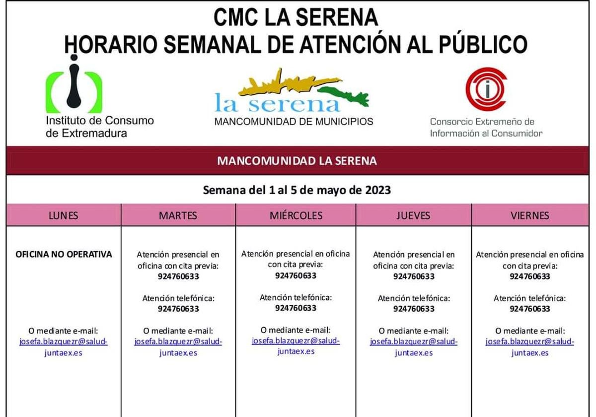 Horario semanal de Atención al público de CMC La Serena