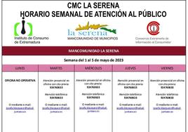 Horario semanal de Atención al público de CMC La Serena