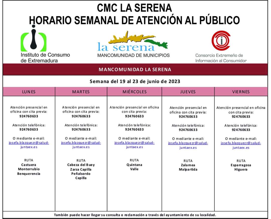 Horario semanal de Atención al público de CMC La Serena