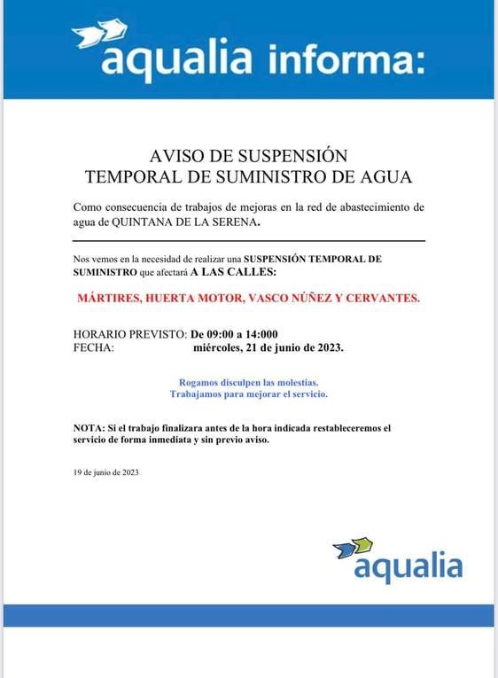 El Ayuntamiento avisa de un corte de agua