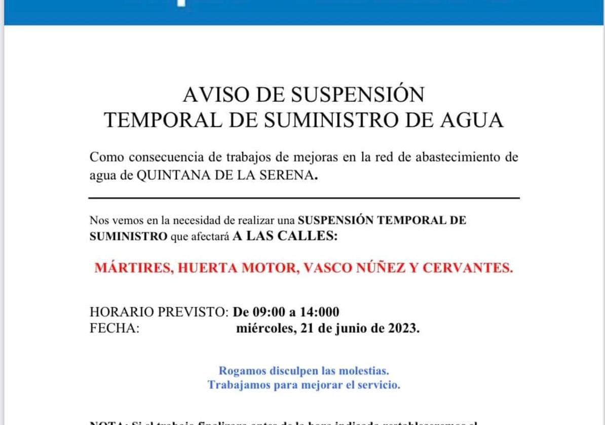 El Ayuntamiento avisa de un corte de agua