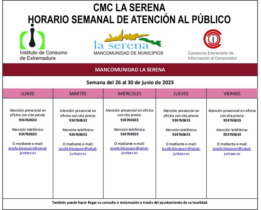Horario semanal de Atención al público de CMC La Serena