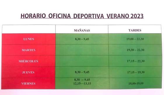 Publicado el horario de la oficina deportiva durante el verano