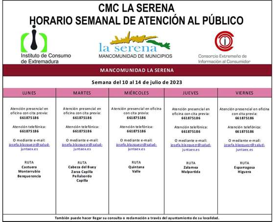 Horario semanal de Atención al público de CMC La Serena